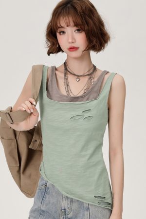 Vintage Green Fake Two-Piece Cami Top for Women - Summer Hot Girl Style, Ripped Design, Trendy Niche Fashion