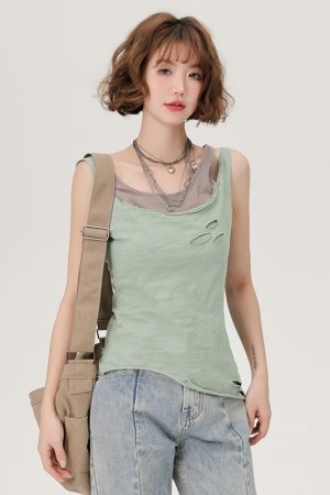 Vintage Green Fake Two-Piece Cami Top for Women - Summer Hot Girl Style, Ripped Design, Trendy Niche Fashion