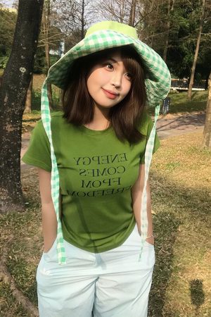 Vintage Green Letter Print Shoulder T-Shirt for Women, Slim Fit Short Sleeve Top, Trendy Summer Style