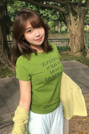 Vintage Green Letter Print Shoulder T-Shirt for Women, Slim Fit Short Sleeve Top, Trendy Summer Style