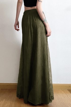 Vintage Green Wilderness Redemption Long Skirt for Women - Zipper Lace Splicing Straight Tube Half Skirt, Boho Chic Style