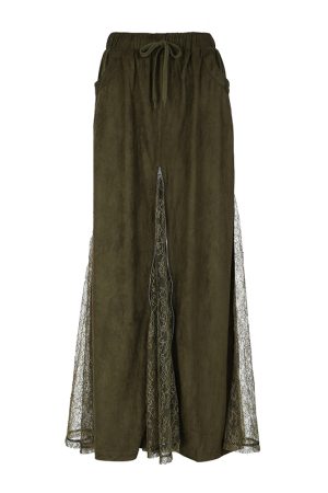 Vintage Green Wilderness Redemption Long Skirt for Women - Zipper Lace Splicing Straight Tube Half Skirt, Boho Chic Style