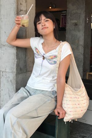 Vintage Hand-Painted Print V-Neck Cropped T-Shirt for Women - American Style Short Sleeve Slim Fit Summer Top