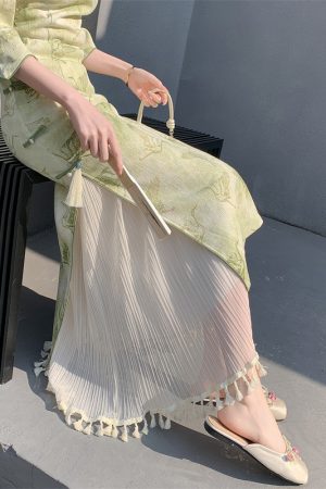 Vintage Hanfu Qipao Inner Slip Dress with Mesh Pleated Tassel Skirt, Elastic Waist, Hip-Covering Long Layer, Elegant Korean Style
