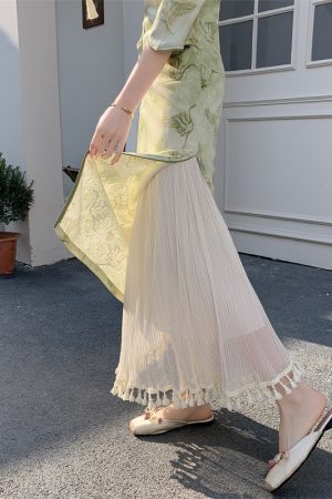 Vintage Hanfu Qipao Inner Slip Dress with Mesh Pleated Tassel Skirt, Elastic Waist, Hip-Covering Long Layer, Elegant Korean Style