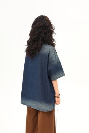 Vintage Heavyweight Washed Denim Short Sleeve T-Shirt for Women with Heavy Embroidery - Trendy Summer Style