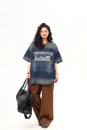 Vintage Heavyweight Washed Denim Short Sleeve T-Shirt for Women with Heavy Embroidery - Trendy Summer Style