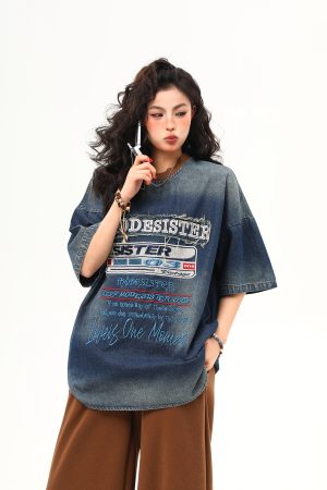 Vintage Heavyweight Washed Denim Short Sleeve T-Shirt for Women with Heavy Embroidery - Trendy Summer Style