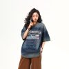 Vintage Heavyweight Washed Denim Short Sleeve T-Shirt for Women with Heavy Embroidery - Trendy Summer Style