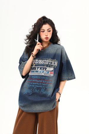 Vintage Heavyweight Washed Denim Short Sleeve T-Shirt for Women with Heavy Embroidery - Trendy Summer Style
