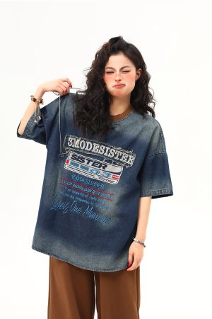 Vintage Heavyweight Washed Denim Short Sleeve T-Shirt for Women with Heavy Embroidery - Trendy Summer Style