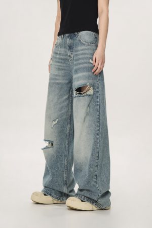 Vintage High Street Distressed Ripped Jeans for Women - Casual Wide-Leg Straight Loose Pants, Y2K Inspired Fashion