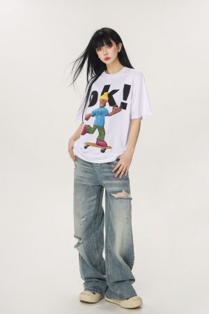 Vintage High Street Distressed Ripped Jeans for Women - Casual Wide-Leg Straight Loose Pants, Y2K Inspired Fashion