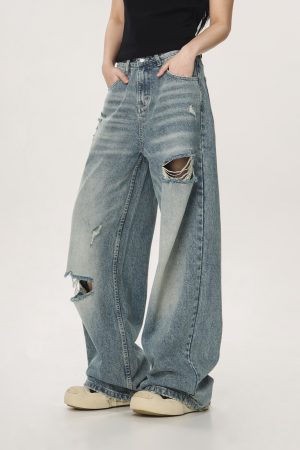 Vintage High Street Distressed Ripped Jeans for Women - Casual Wide-Leg Straight Loose Pants, Y2K Inspired Fashion