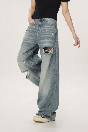 Vintage High Street Distressed Ripped Jeans for Women - Casual Wide-Leg Straight Loose Pants, Y2K Inspired Fashion