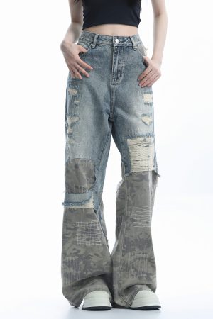 Vintage High Street Wide-Leg Ripped Camouflage Jeans for Women - Heavy-Duty Patchwork Floor-Length Pants, 90s Inspired Fashion