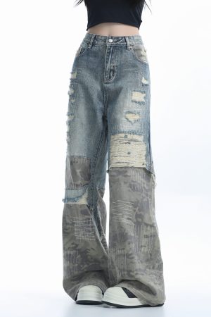 Vintage High Street Wide-Leg Ripped Camouflage Jeans for Women - Heavy-Duty Patchwork Floor-Length Pants, 90s Inspired Fashion