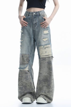 Vintage High Street Wide-Leg Ripped Camouflage Jeans for Women - Heavy-Duty Patchwork Floor-Length Pants, 90s Inspired Fashion