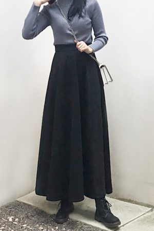 Vintage High-Waisted Black Flared Skirt for Women, Ankle-Length Slimming Design, Perfect for Spring and Summer 2025