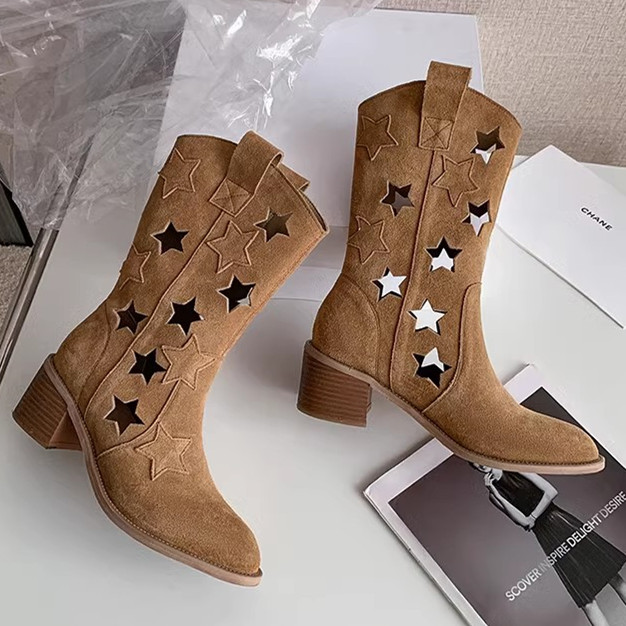 Vintage Hollow Out Western Cowboy Boots for Women, Star Genuine Leather, Versatile Chunky Heel, Y2K Style Martin Boots Vintage Hollow Out Western Cowboy Boots for Women, Star Genuine Leather, Versatile Chunky Heel, Y2K Style Martin Boots