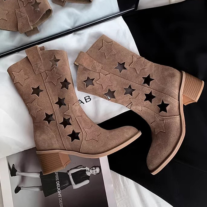 Vintage Hollow Out Western Cowboy Boots for Women, Star Genuine Leather, Versatile Chunky Heel, Y2K Style Martin Boots Vintage Hollow Out Western Cowboy Boots for Women, Star Genuine Leather, Versatile Chunky Heel, Y2K Style Martin Boots