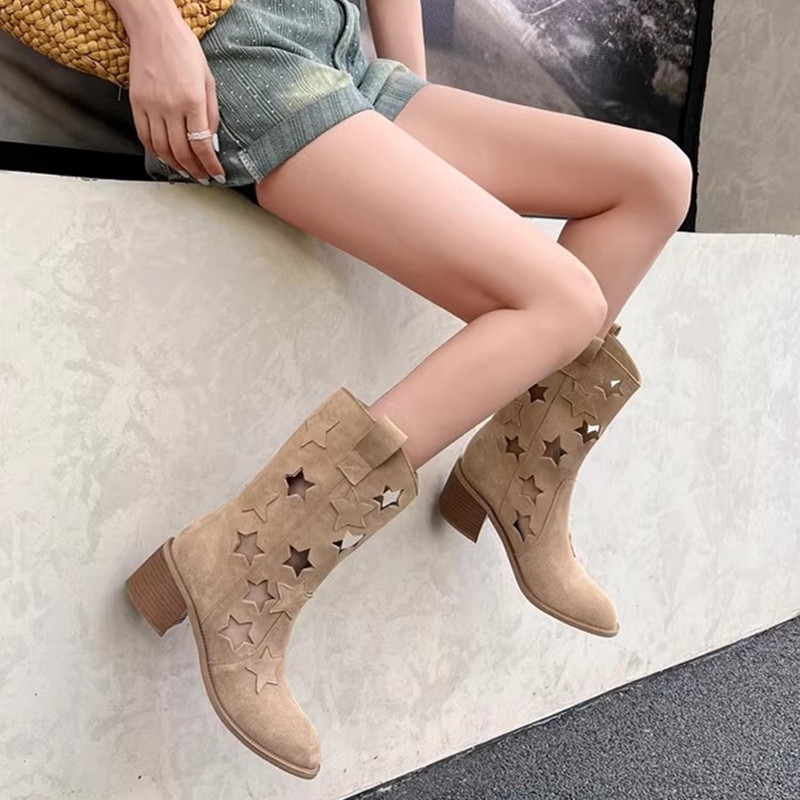 Vintage Hollow Out Western Cowboy Boots for Women, Star Genuine Leather, Versatile Chunky Heel, Y2K Style Martin Boots Vintage Hollow Out Western Cowboy Boots for Women, Star Genuine Leather, Versatile Chunky Heel, Y2K Style Martin Boots