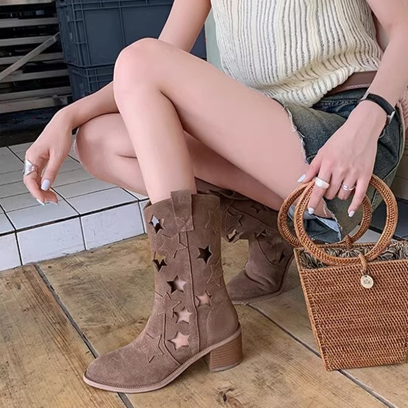 Vintage Hollow Out Western Cowboy Boots for Women, Star Genuine Leather, Versatile Chunky Heel, Y2K Style Martin Boots Vintage Hollow Out Western Cowboy Boots for Women, Star Genuine Leather, Versatile Chunky Heel, Y2K Style Martin Boots