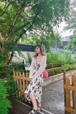 Vintage Ink Print Camisole Dress - High-Waisted Mid-Length Elegant Style - Gentle Temperament Fashion