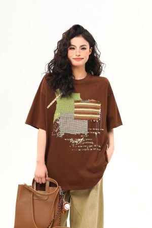 Vintage-Inspired American Patch Design Short Sleeve T-Shirt for Women - Trendy Summer Versatile Top