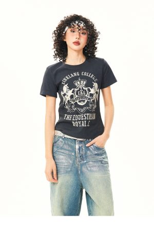 Vintage-Inspired American Printed Short Sleeve T-Shirt for Women - Summer Slim Fit Casual Top