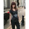 Vintage-Inspired Big Collar T-Shirt for Women, Portrait Print, Gray Short Sleeves, Loose Fit, Trendy Summer High Street Top
