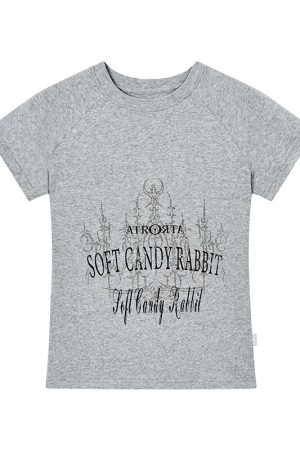 Vintage-Inspired Blue Gray Multicolor Printed Raglan Sleeve Slim Fit Short Sleeve Tee - Perfect for 90s and Y2K Style Fans