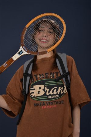 Vintage-Inspired Distressed Letter Print Short Sleeve T-Shirt for Women - Loose-Fit Summer Casual Top