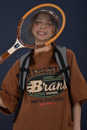 Vintage-Inspired Distressed Letter Print Short Sleeve T-Shirt for Women - Loose-Fit Summer Casual Top