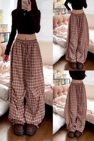 Vintage-Inspired Elastic Waist Plaid Work Pants for Women - Casual Wide-Leg Drawstring Drape Curved Knife Design