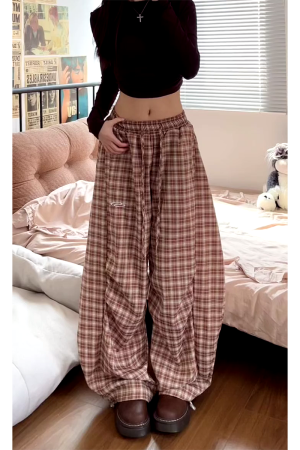 Vintage-Inspired Elastic Waist Plaid Work Pants for Women - Casual Wide-Leg Drawstring Drape Curved Knife Design