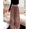 Vintage-Inspired Elastic Waist Plaid Work Pants for Women - Casual Wide-Leg Drawstring Drape Curved Knife Design