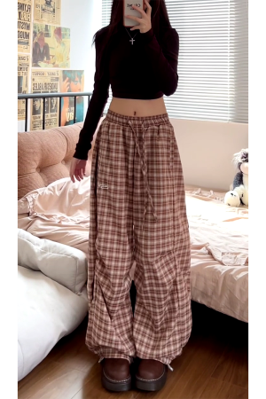 Vintage-Inspired Elastic Waist Plaid Work Pants for Women - Casual Wide-Leg Drawstring Drape Curved Knife Design