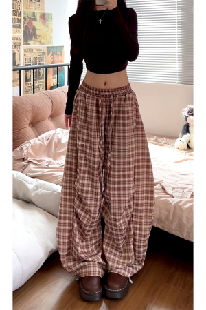 Vintage-Inspired Elastic Waist Plaid Work Pants for Women - Casual Wide-Leg Drawstring Drape Curved Knife Design