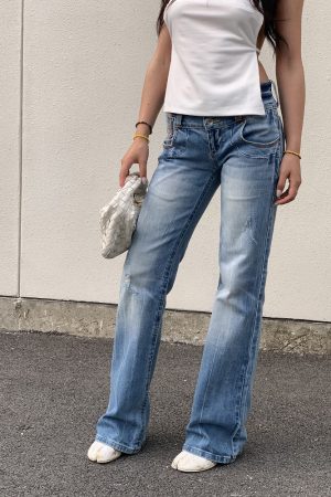 Vintage-Inspired Embroidered Wide-Waist Lycra Flared Jeans for Women - 90s Y2K Style