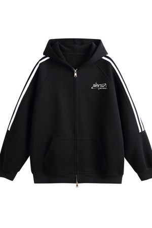 Vintage-Inspired Hooded Cardigan Sweatshirt for Couples - Unisex Loose Fit Zipper Jacket in Nostalgic Sports Style for Back to School