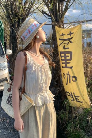 Vintage-Inspired Late Spring Lover French Lace Trim Cami Top for Women, Summer Pure Cotton Waist-Defined Blouse, Y2K Style