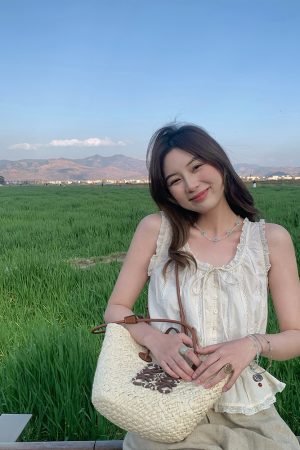 Vintage-Inspired Late Spring Lover French Lace Trim Cami Top for Women, Summer Pure Cotton Waist-Defined Blouse, Y2K Style