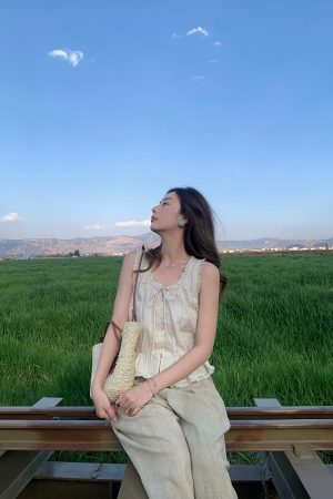 Vintage-Inspired Late Spring Lover French Lace Trim Cami Top for Women, Summer Pure Cotton Waist-Defined Blouse, Y2K Style