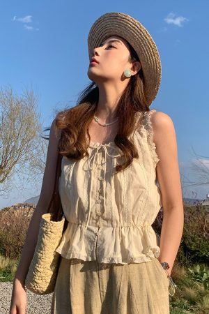 Vintage-Inspired Late Spring Lover French Lace Trim Cami Top for Women, Summer Pure Cotton Waist-Defined Blouse, Y2K Style