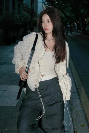 Vintage-Inspired Long Sleeve Drawstring Cardigan for Women - Textured Casual Top for Spring Fashion