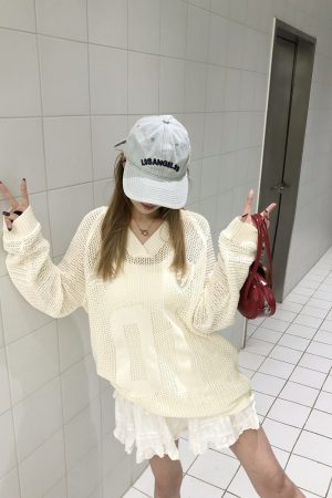 Vintage-Inspired Loose Fit V-Neck Sweater with Digital Print, Long Sleeve Knitted Top, Ballet Style Hollow Design