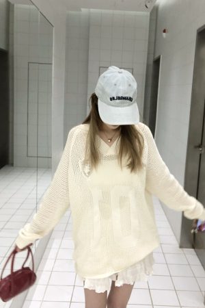 Vintage-Inspired Loose Fit V-Neck Sweater with Digital Print, Long Sleeve Knitted Top, Ballet Style Hollow Design