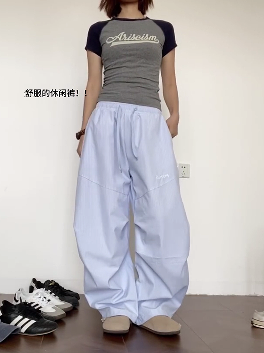 Vintage-Inspired Loose Pleated Jazz Dance Striped Wide-Leg Trousers for Women - Casual Sports Pants in American Style Vintage-Inspired Loose Pleated Jazz Dance Striped Wide-Leg Trousers for Women - Casual Sports Pants in American Style