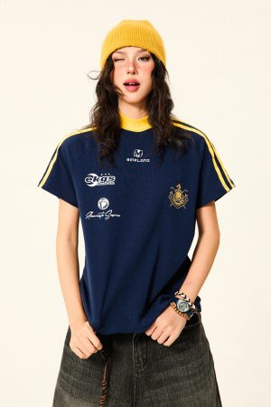 Vintage-Inspired Slim-Fit Short Sleeve T-Shirt for Women - Summer Blokecore Sports Top, Y2K Fashion, Retro Style